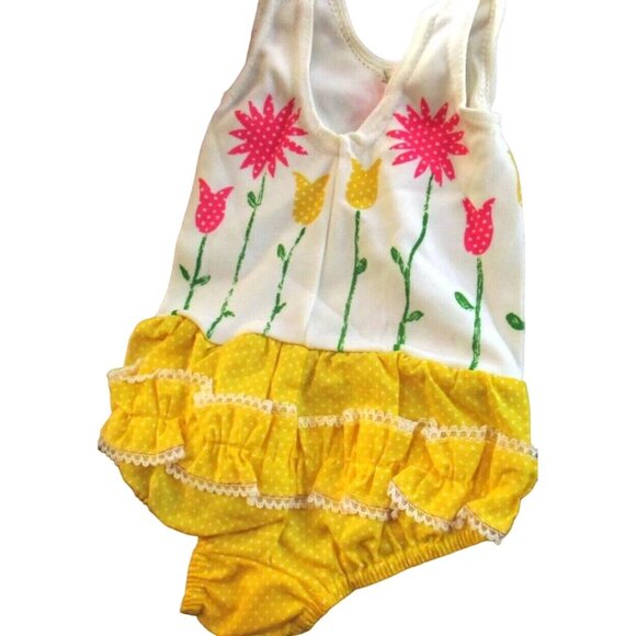 Vtg Swim Suit Toddler Girls Floral Print Romper Yellow Ruffled Bottoms Size 2